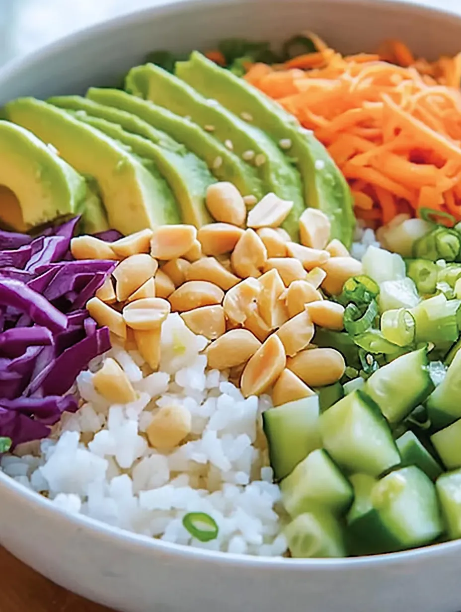 A Buddha bowl holding rice, veggies, and avocado.