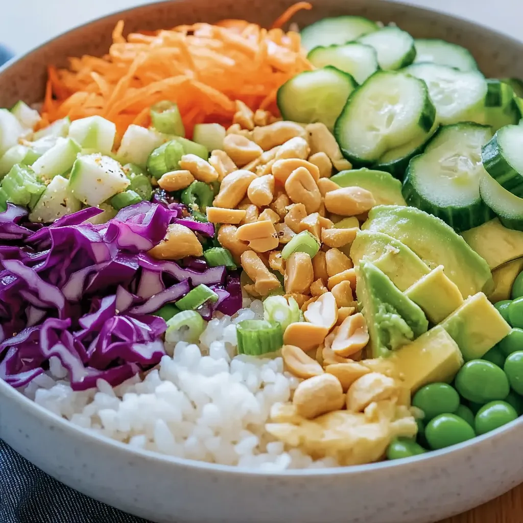 A big bowl topped with rice, veggies, and peanuts.