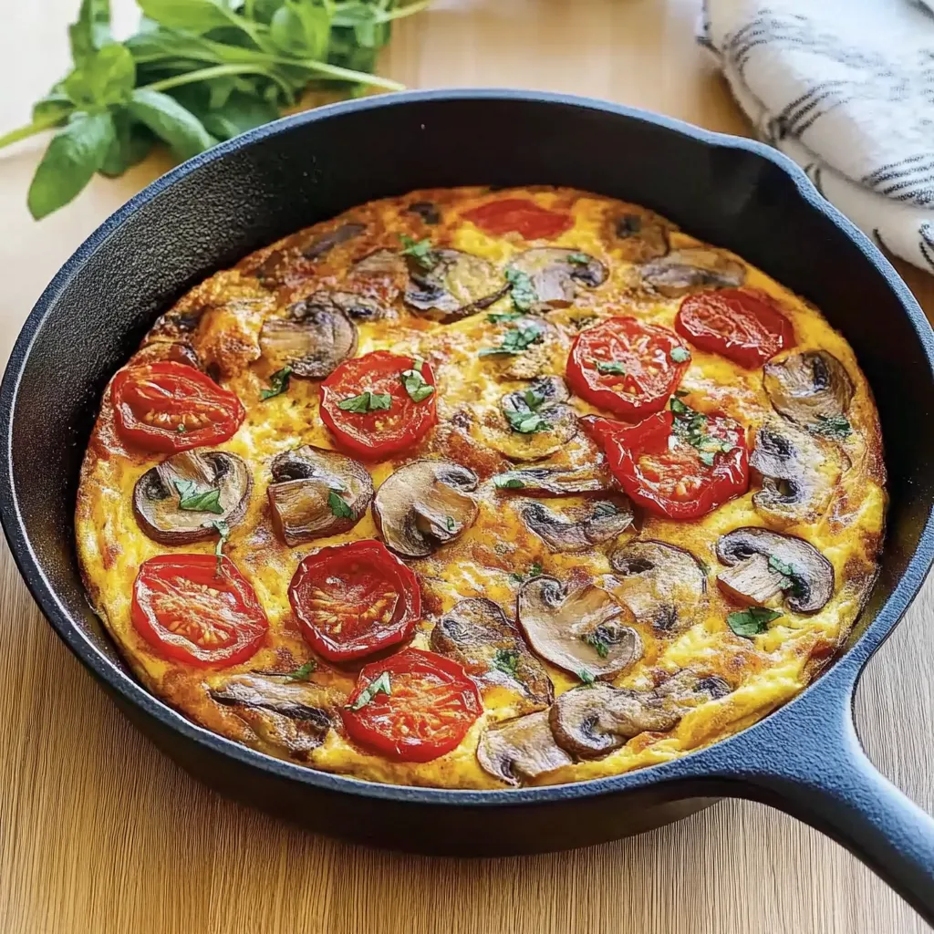 A pan of veggie frittata on a table, served in a black pot.