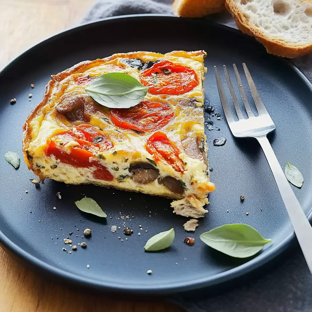 A slice of colorful vegetable frittata on a plate.