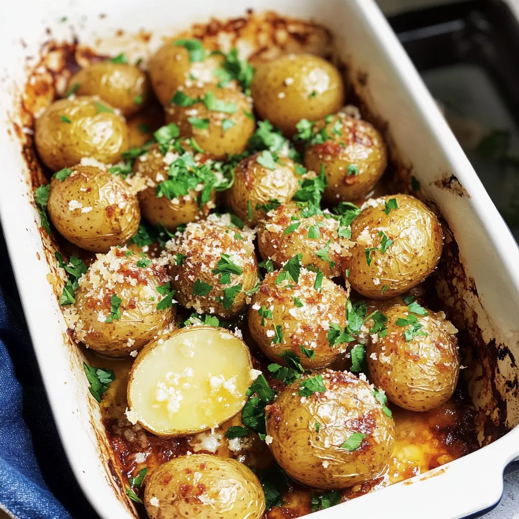 A white plate stacked with crispy baked parmesan potatoes, fresh out of the oven.