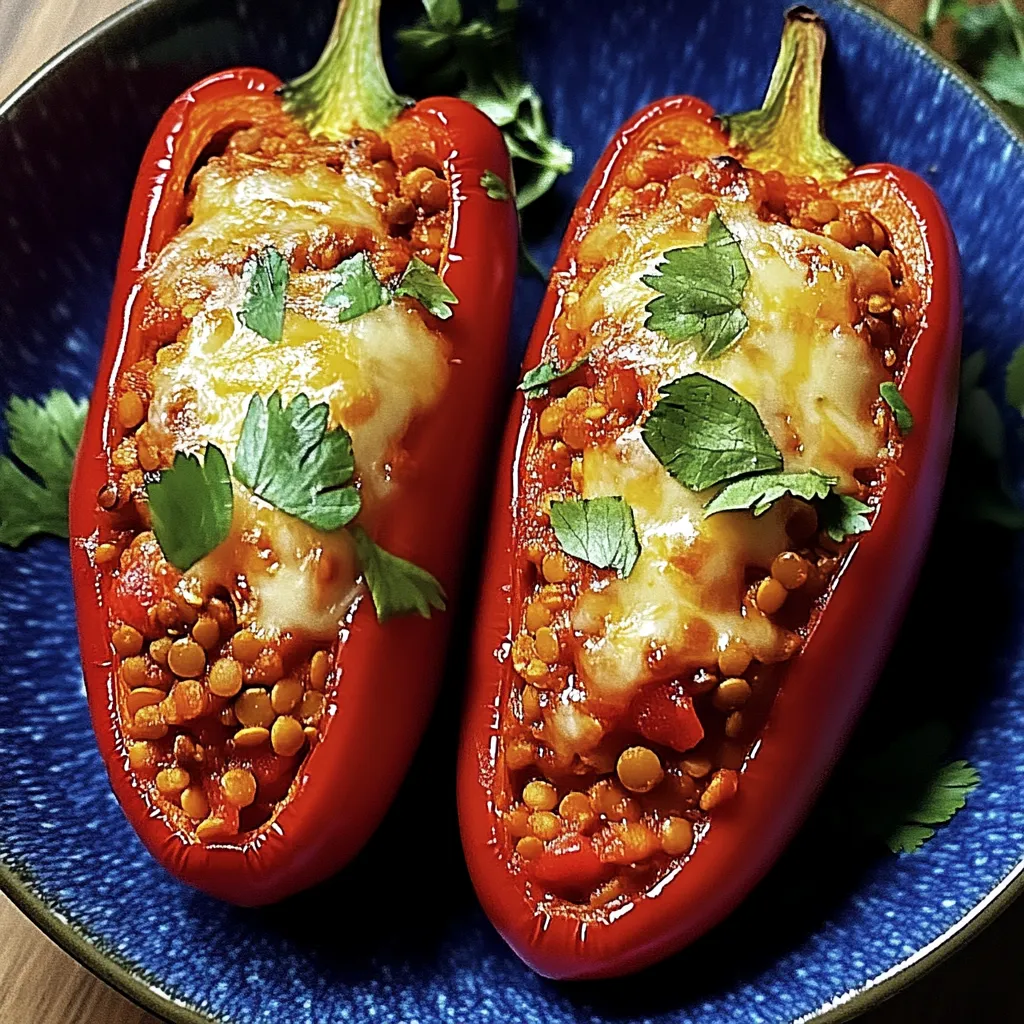 Two stuffed sweet peppers with red lentils on a blue plate.