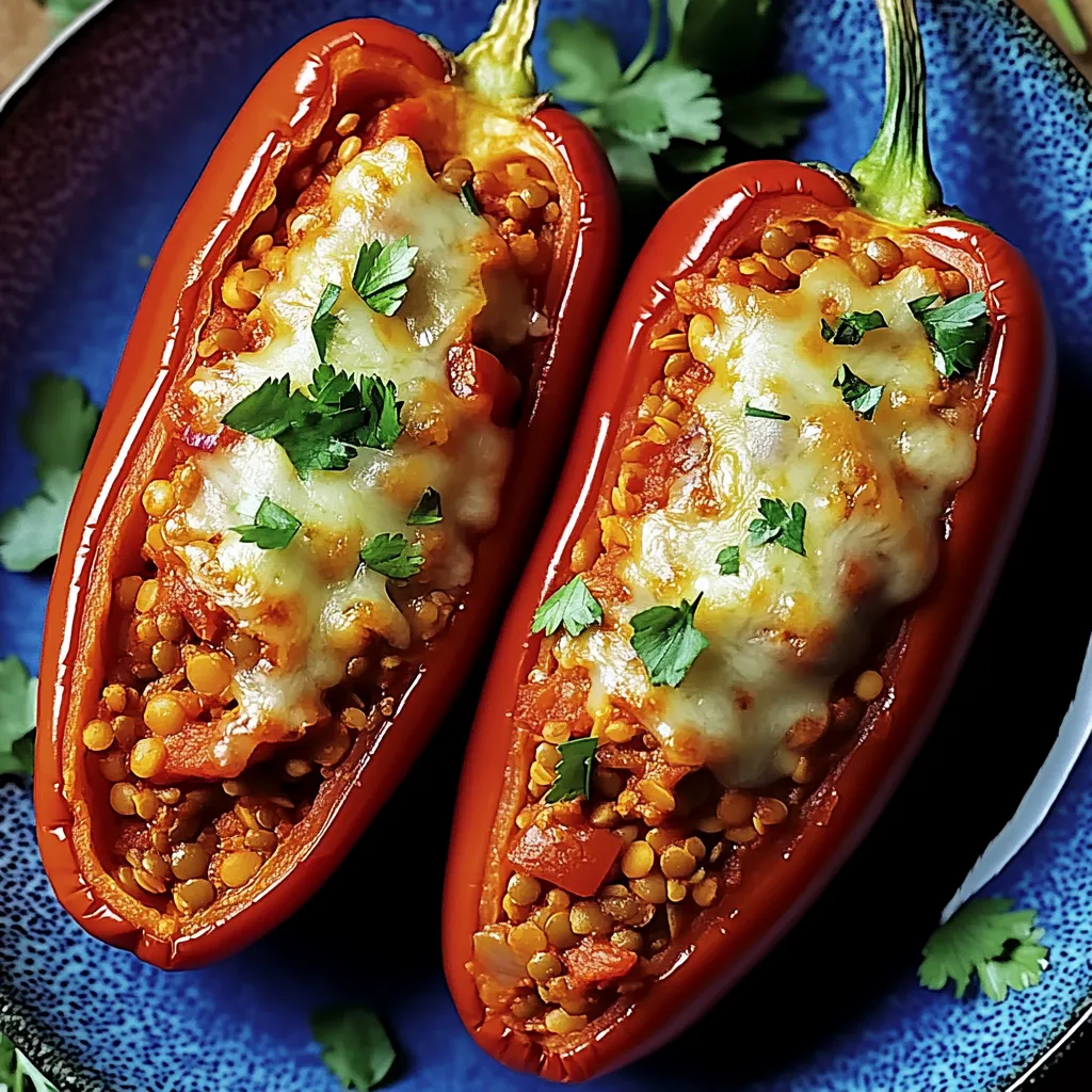 Two stuffed sweet pointed peppers with red lentils on a blue plate.