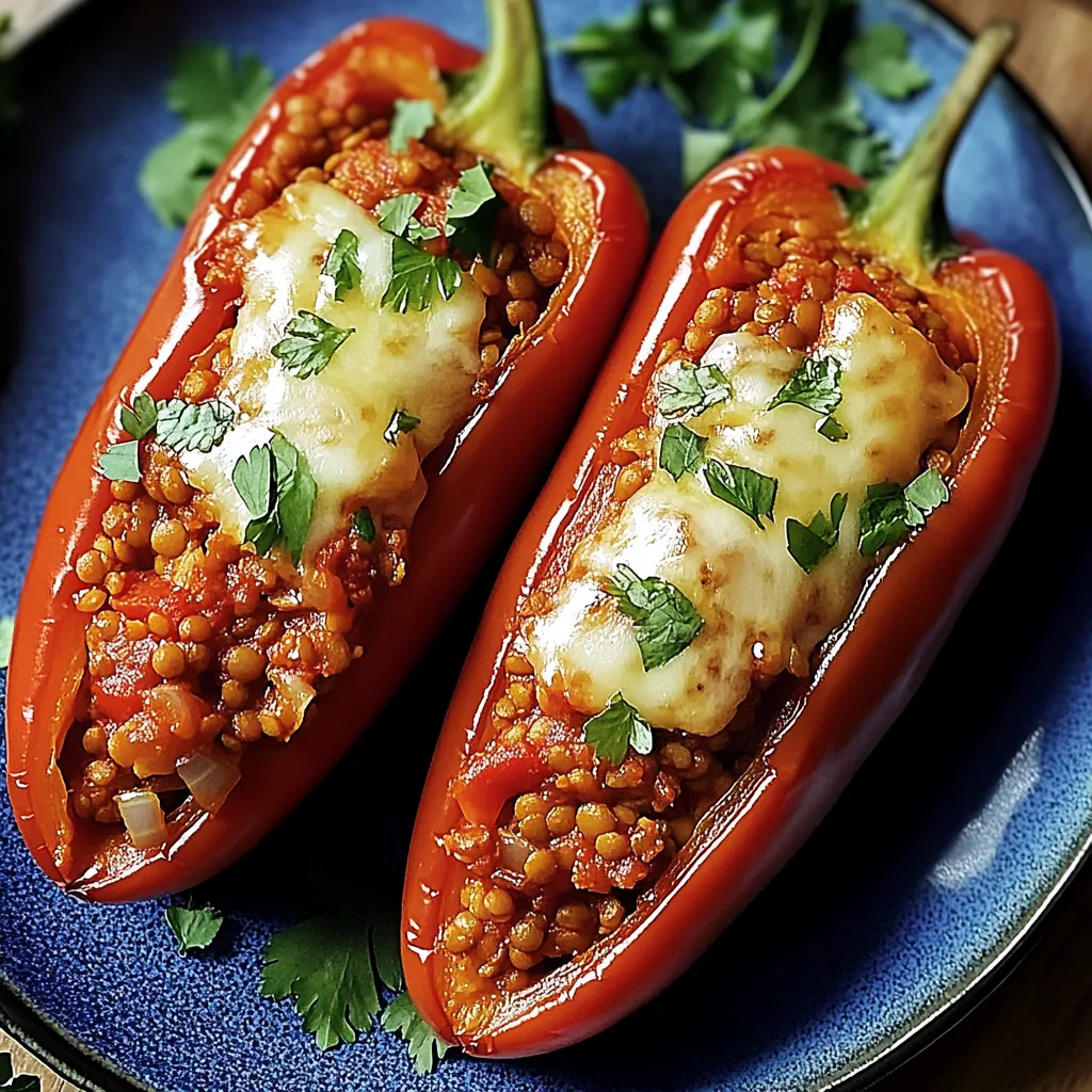 Two stuffed sweet pointed peppers with red lentils on a blue plate.