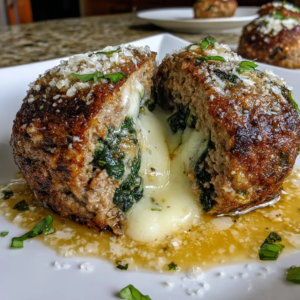 Spinach Garlic Meatballs Stuffed with Mozzarella