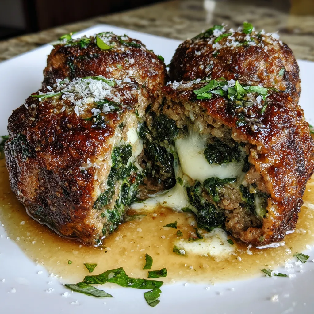 Spinach Garlic Meatballs Stuffed with Mozzarella