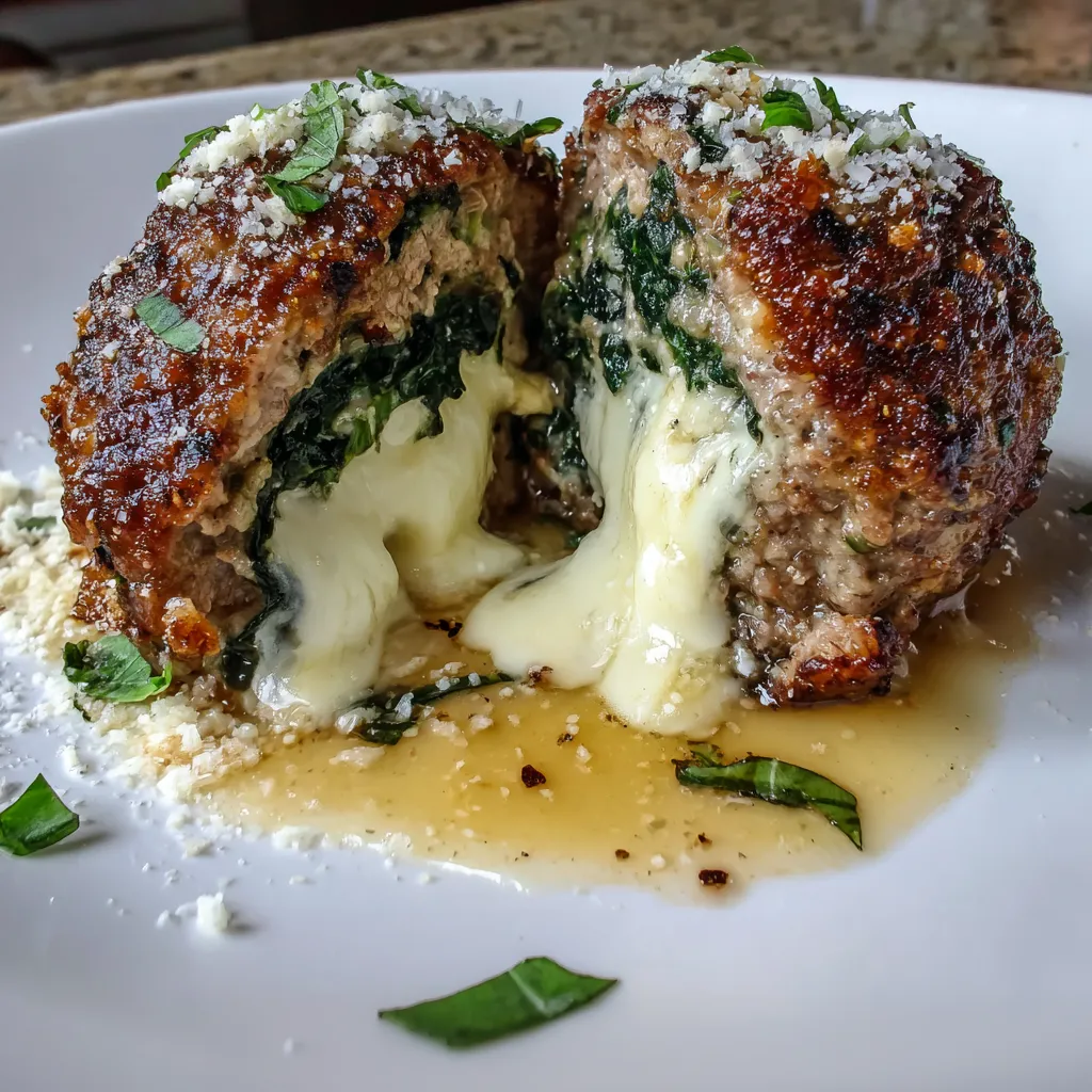 Spinach Garlic Meatballs Stuffed with Mozzarella