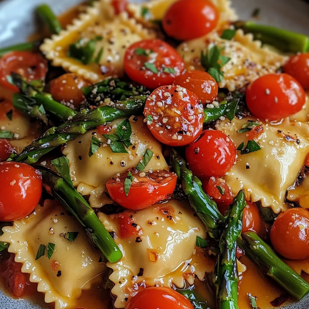 Ravioli with Tomatoes, Asparagus, Garlic, and Herbs