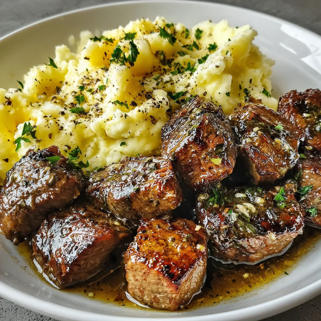 Garlic Butter Steak Bites and Mash