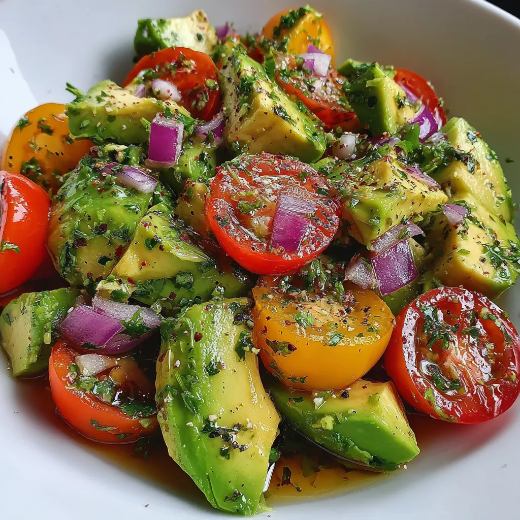 A white plate with fresh avocado salad full of lime, tomatoes, and more colorful bits.