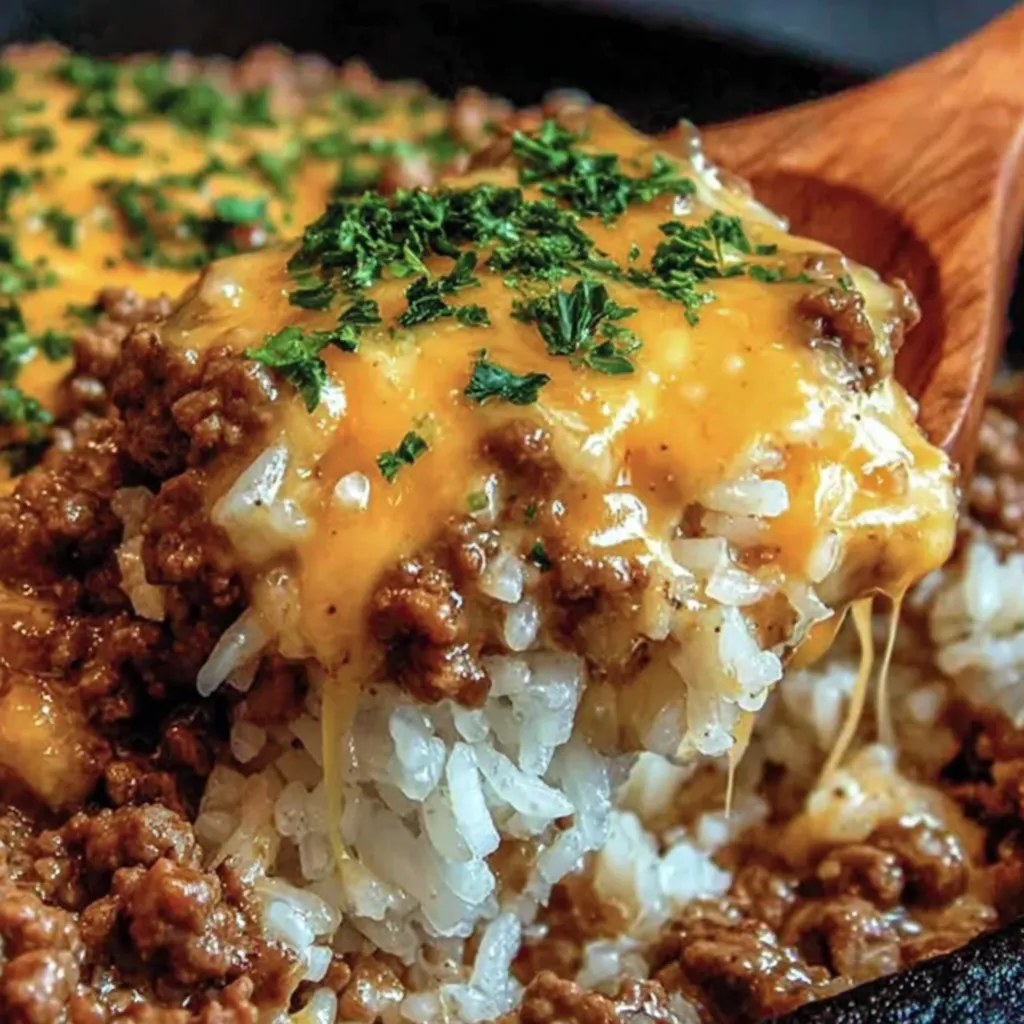 Garlic Butter Beef and Rice Skillet with Cheddar Parmesan Sauce