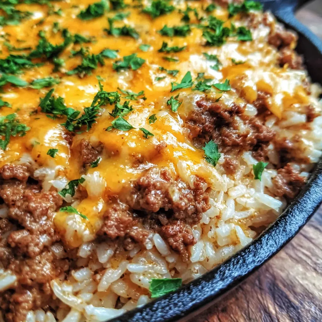 Garlic Butter Beef and Rice Skillet with Cheddar Parmesan Sauce