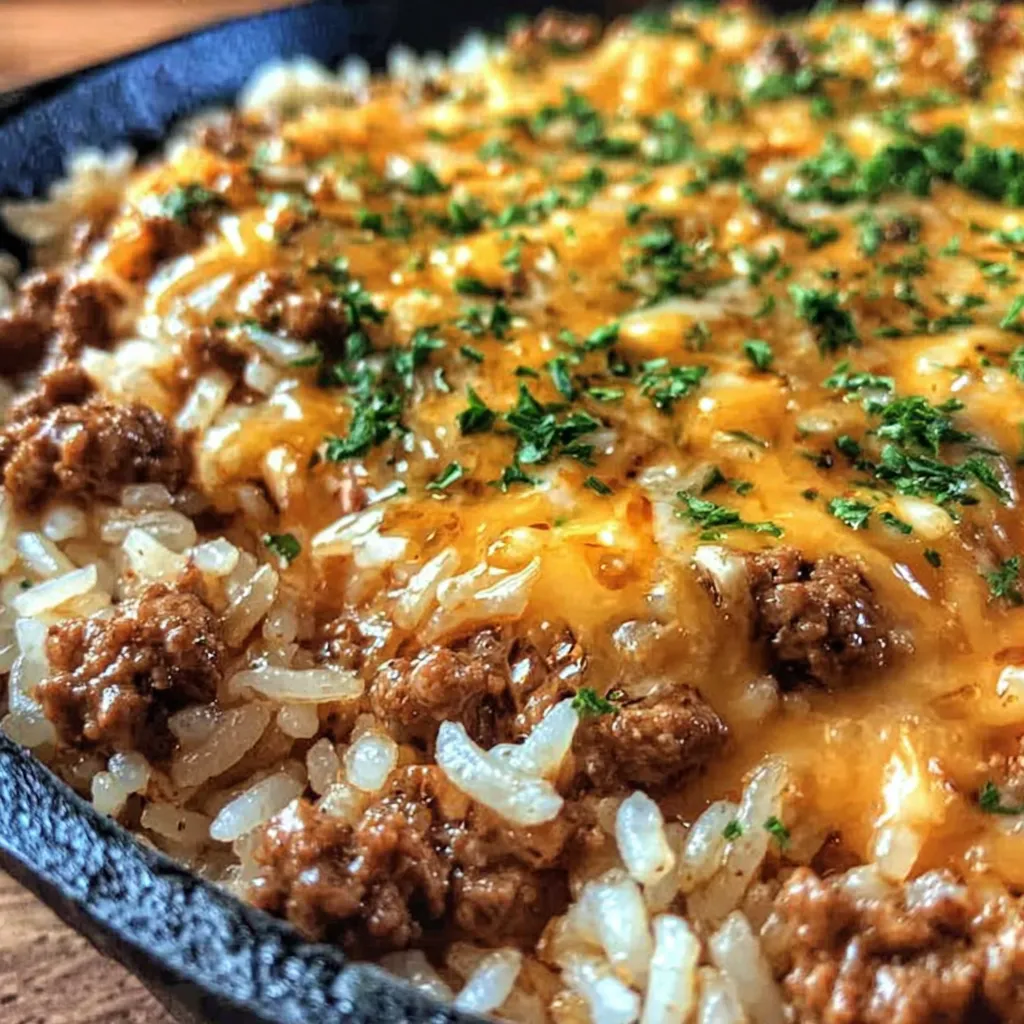 Garlic Butter Beef and Rice Skillet with Cheddar Parmesan Sauce