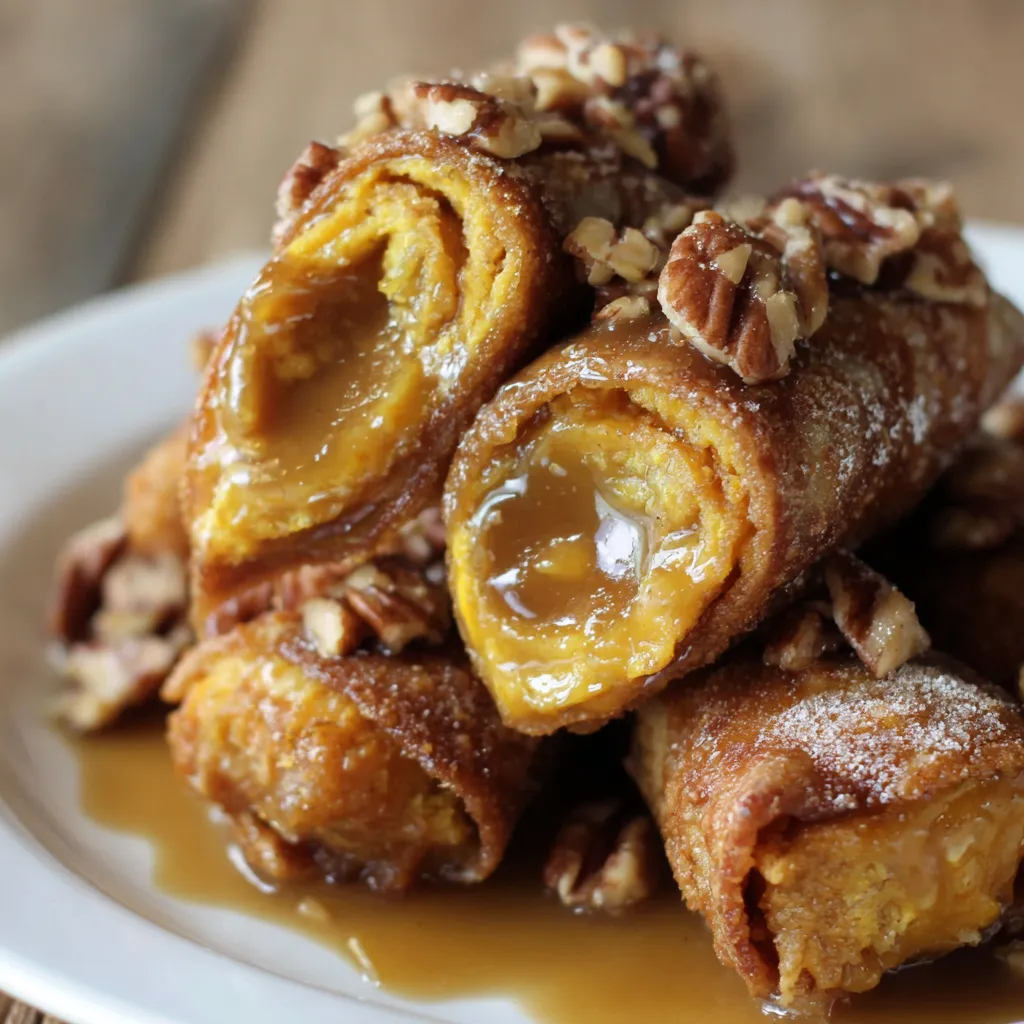 Sweet Potato Casserole Stuffed Egg Rolls with Bourbon Pecan Praline Sauce