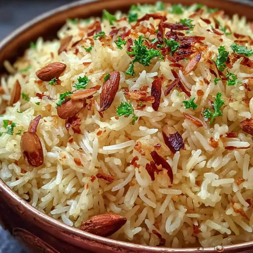 A pot full of spiced Arabic rice topped with nuts.