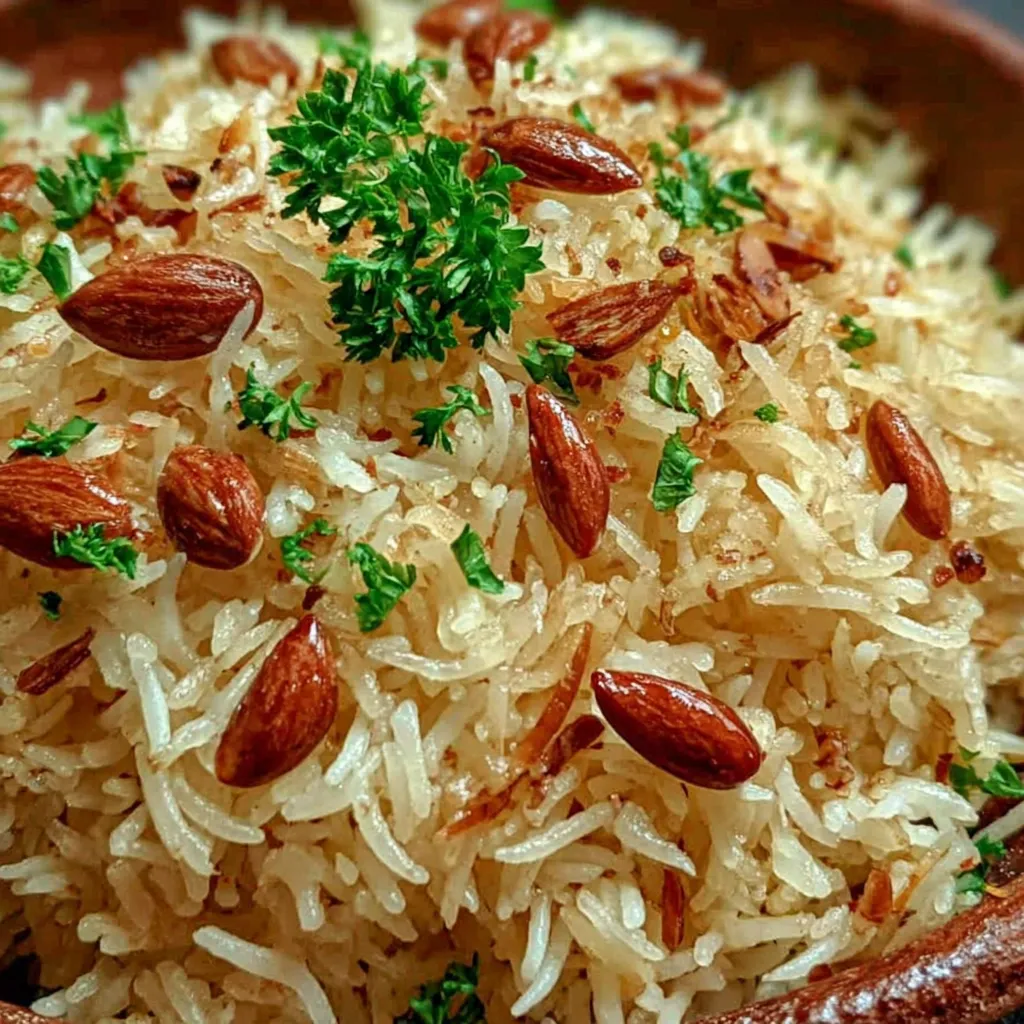 A photo of Arabian rice in a big pot or kettle, with rice sticks and nuts sprinkled on top.