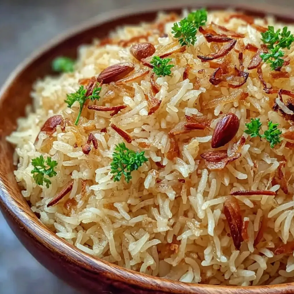 A bowl of Arabian rice topped with onions and spices.