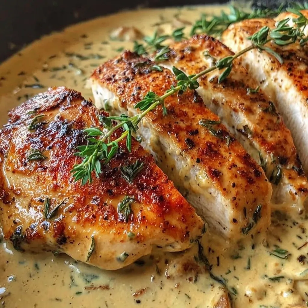 A piece of Philly chicken served in a herby, creamy sauce.