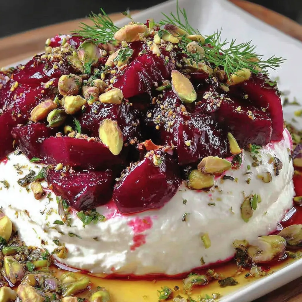A platter of whipped feta topped with marinated beetroot slices and crunchy pistachios.