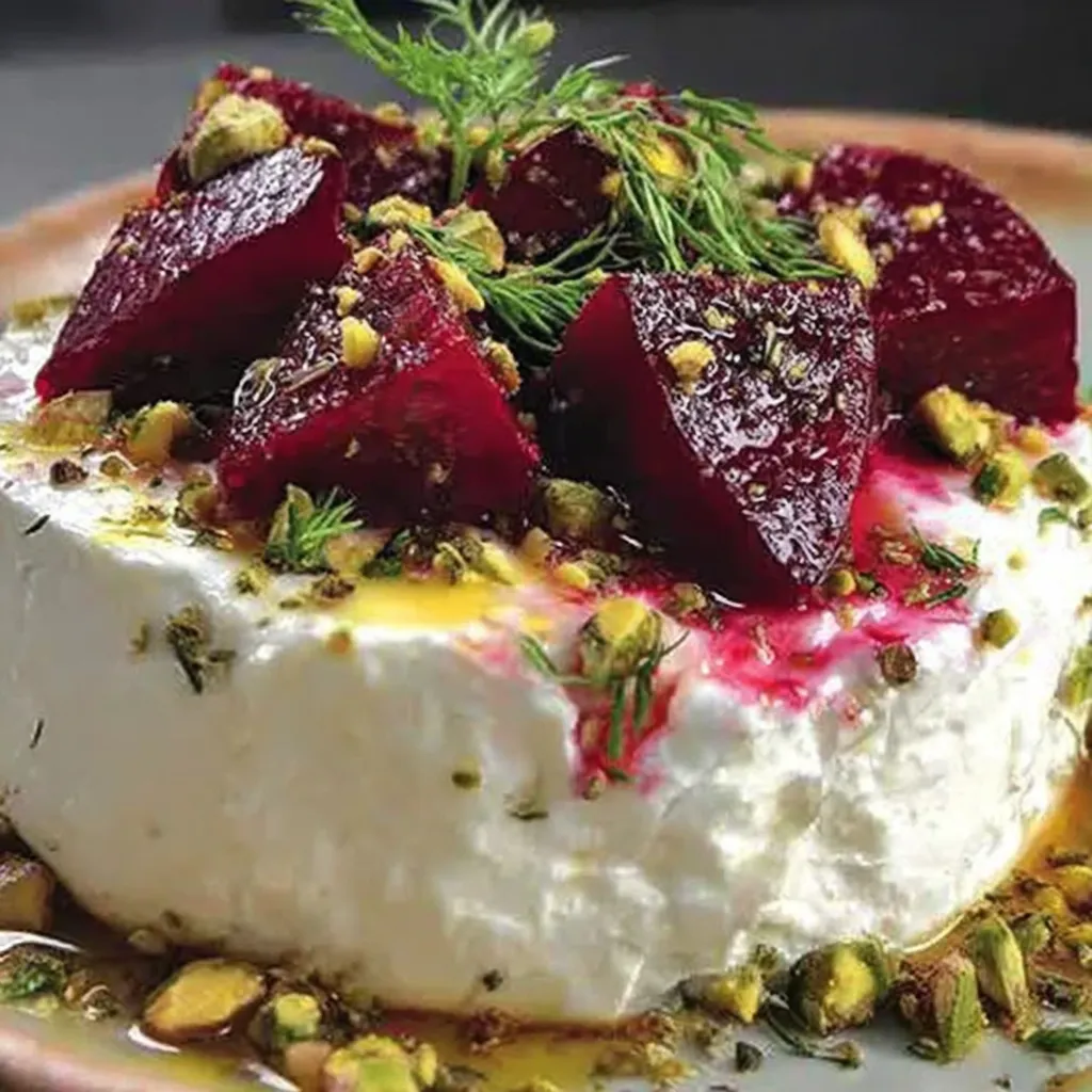 A serving plate with creamy feta, topped with beet slices and pistachios.