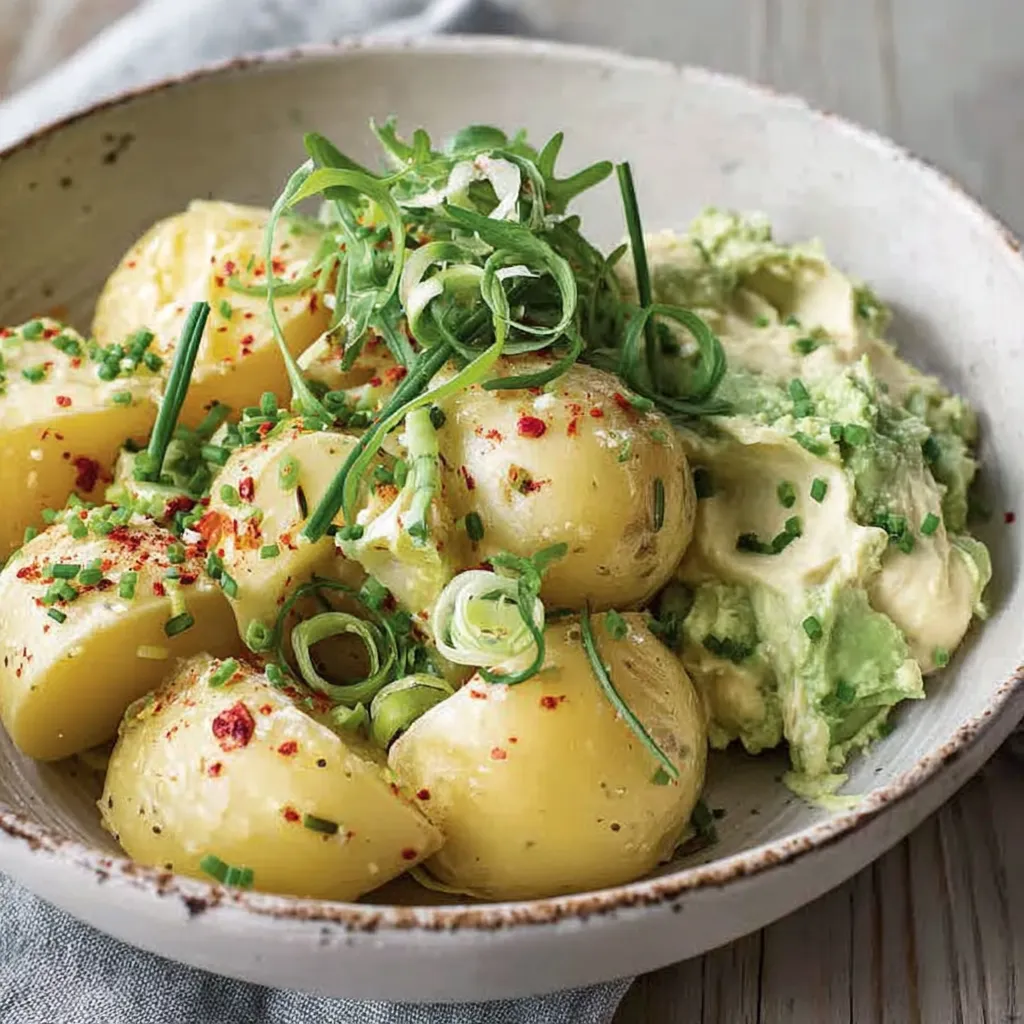 A bowl filled with skin-on potatoes and bright avocado dip.