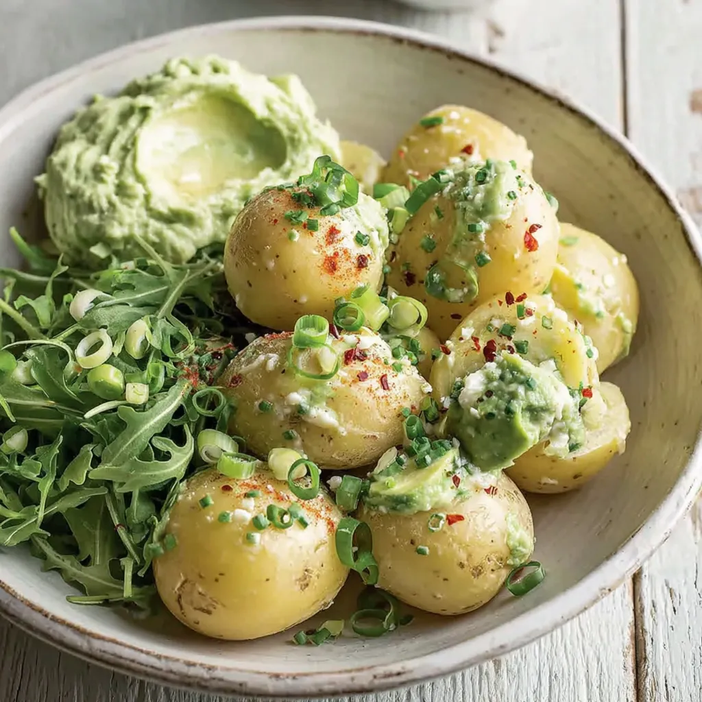 A cup with boiled potatoes and avocado dip.