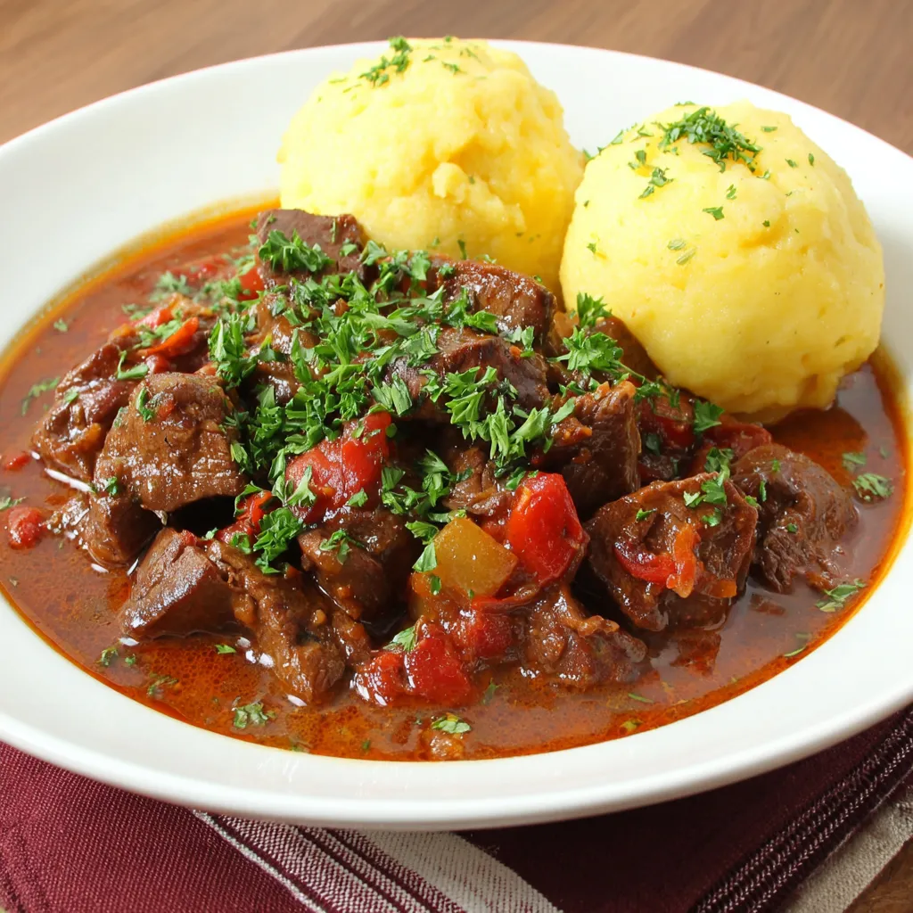 Ein Wiener Saftgulasch mit frischen grünen Zutaten wie Zwiebel und Paprika obendrauf.