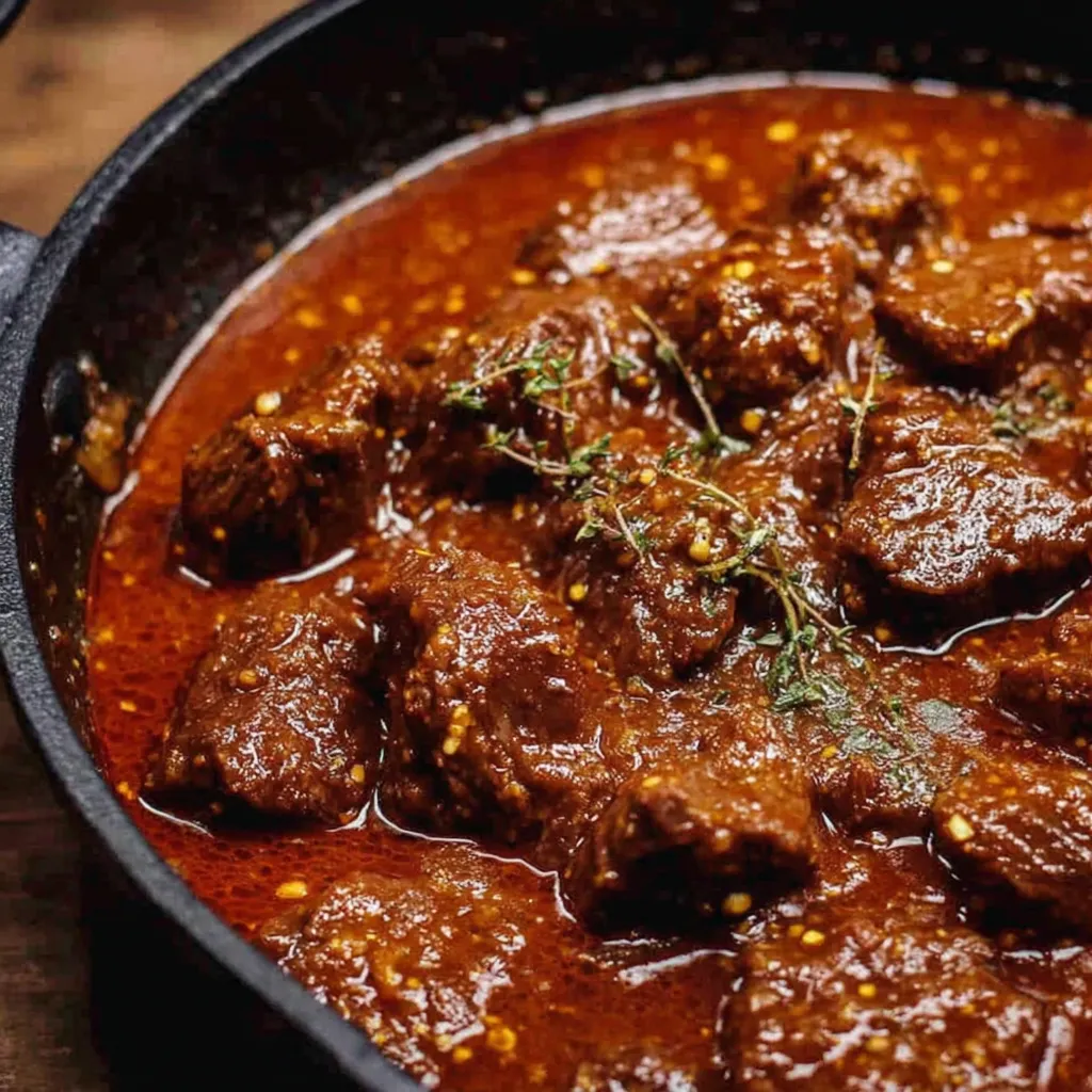 A black pot loaded with chunks of beef, spices, and a thick sauce, known as Viennese Saftgulasch.