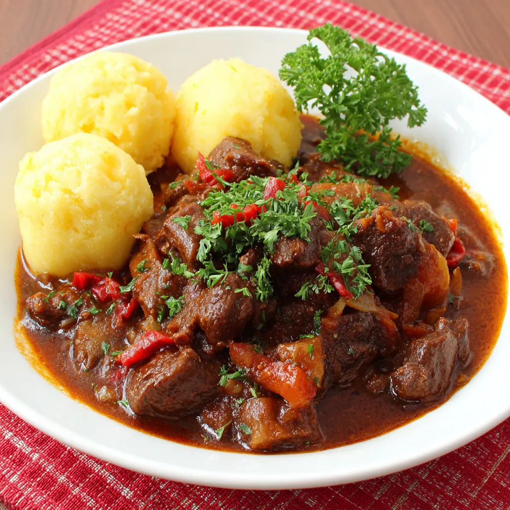Viennese saftgulasch topped with green onions and pieces of red pepper.