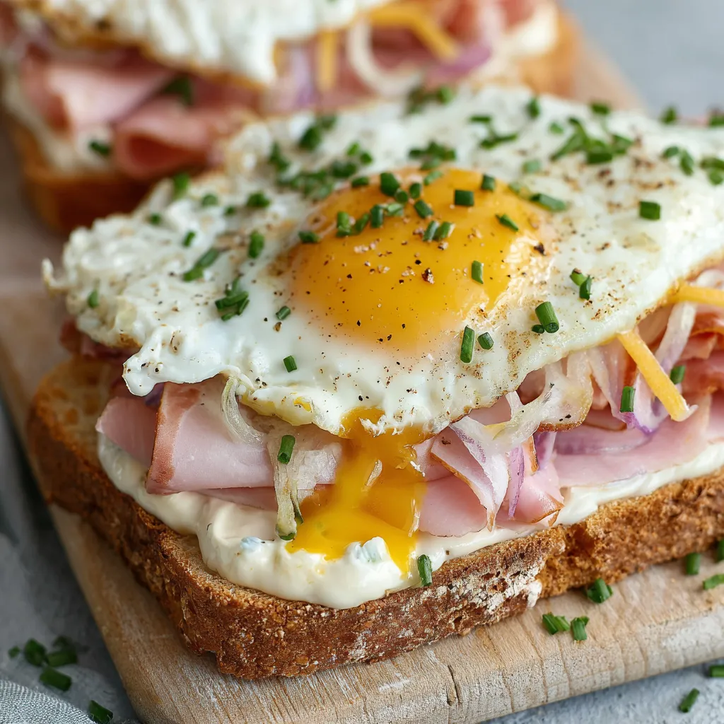 Slice of toast piled with eggs and onions on a wooden board.