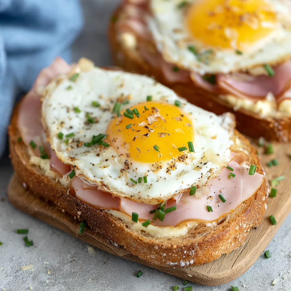 Two toasts with eggs and onions, one as a classic, one as a deluxe version.