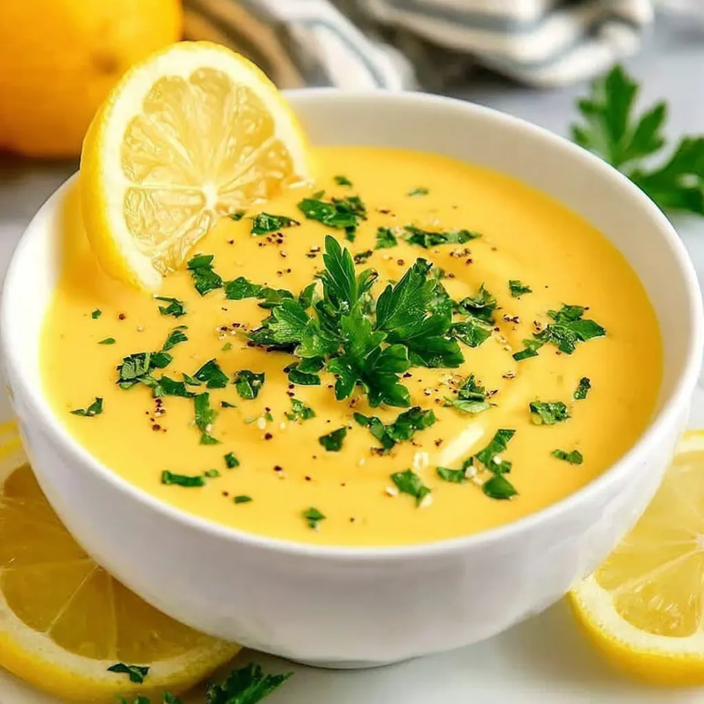 A white cup filled with honey mustard, topped with herbs and lemon slices.