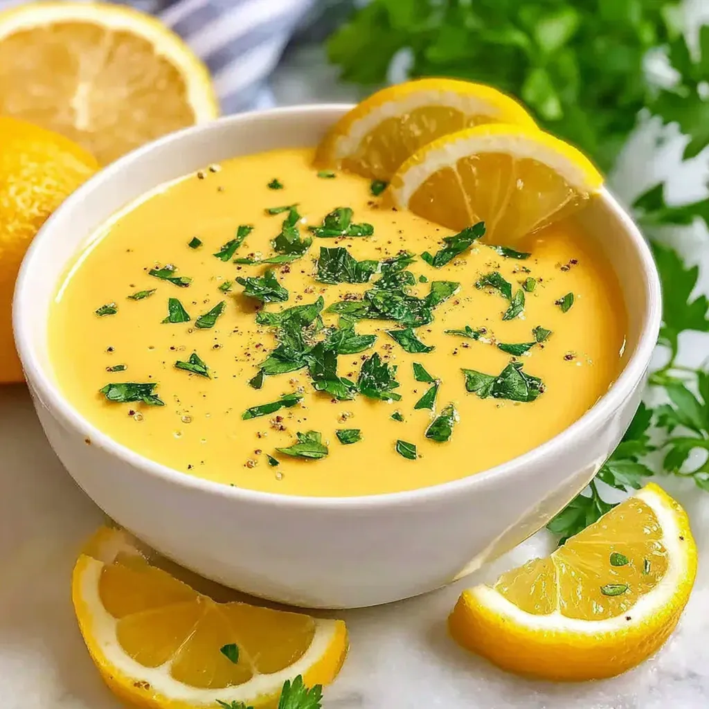 A white cup filled with honey mustard dressing, topped with lemon slices and fresh herbs.