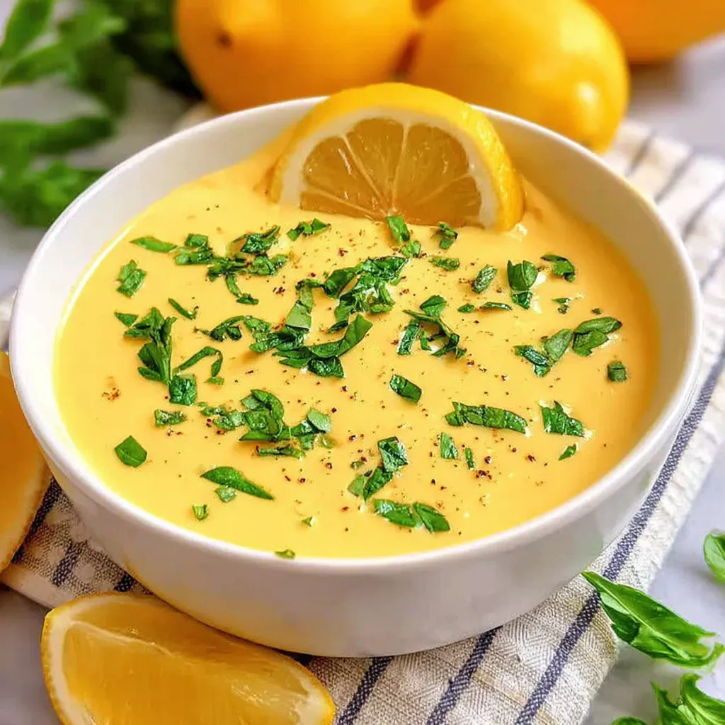 A white cup filled with honey mustard dressing, topped with lemon slices and fresh herbs.