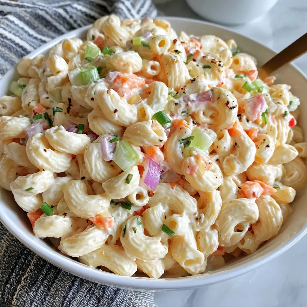A white plate topped with macaroni salad, onions, and cilantro on top.