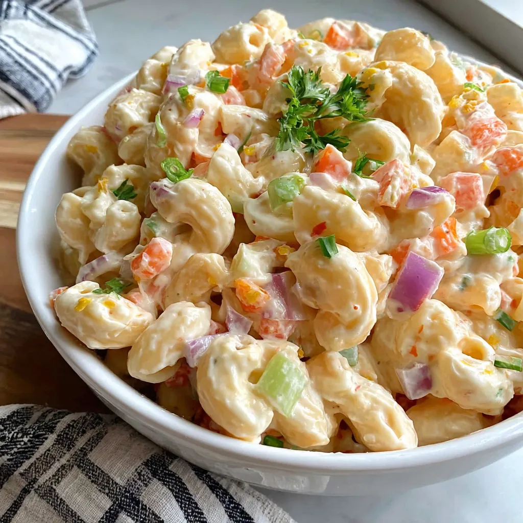 A white plate with a creamy macaroni-salad topping.