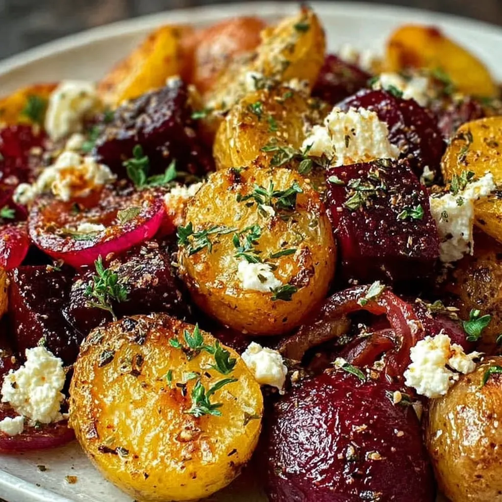 A white plate with potatoes, beetroot, and feta cheese.