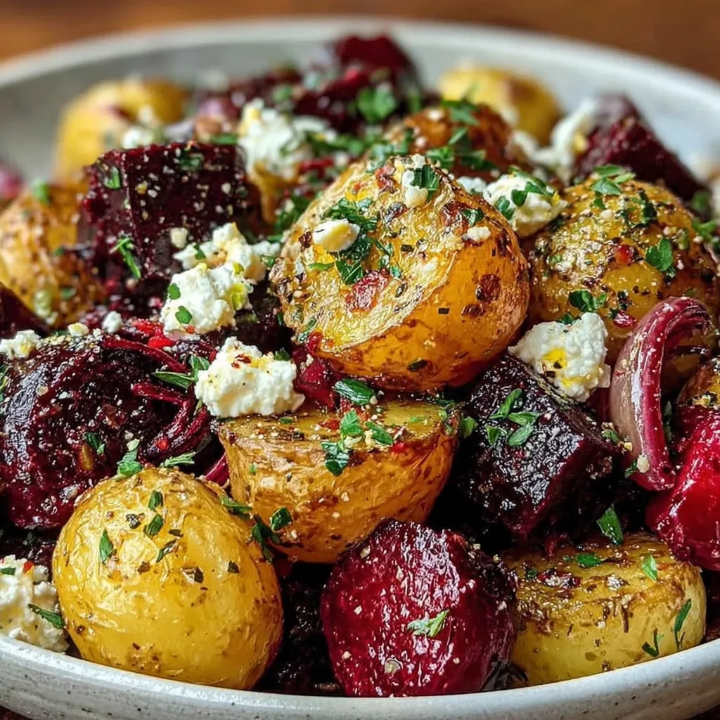 A cup filled with potatoes, beetroot, and feta.