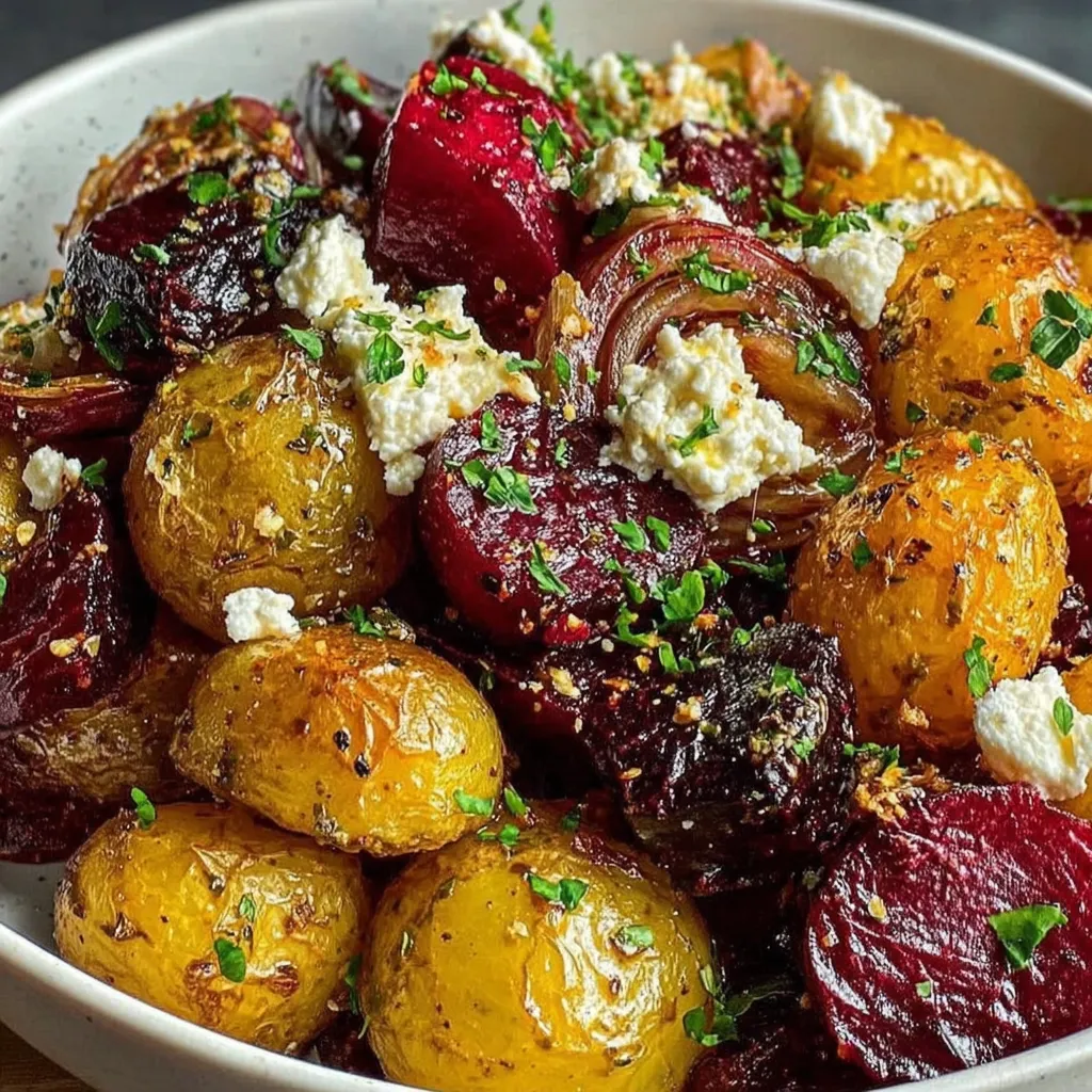 A white plate topped with a blend of beetroot, potatoes, and feta.