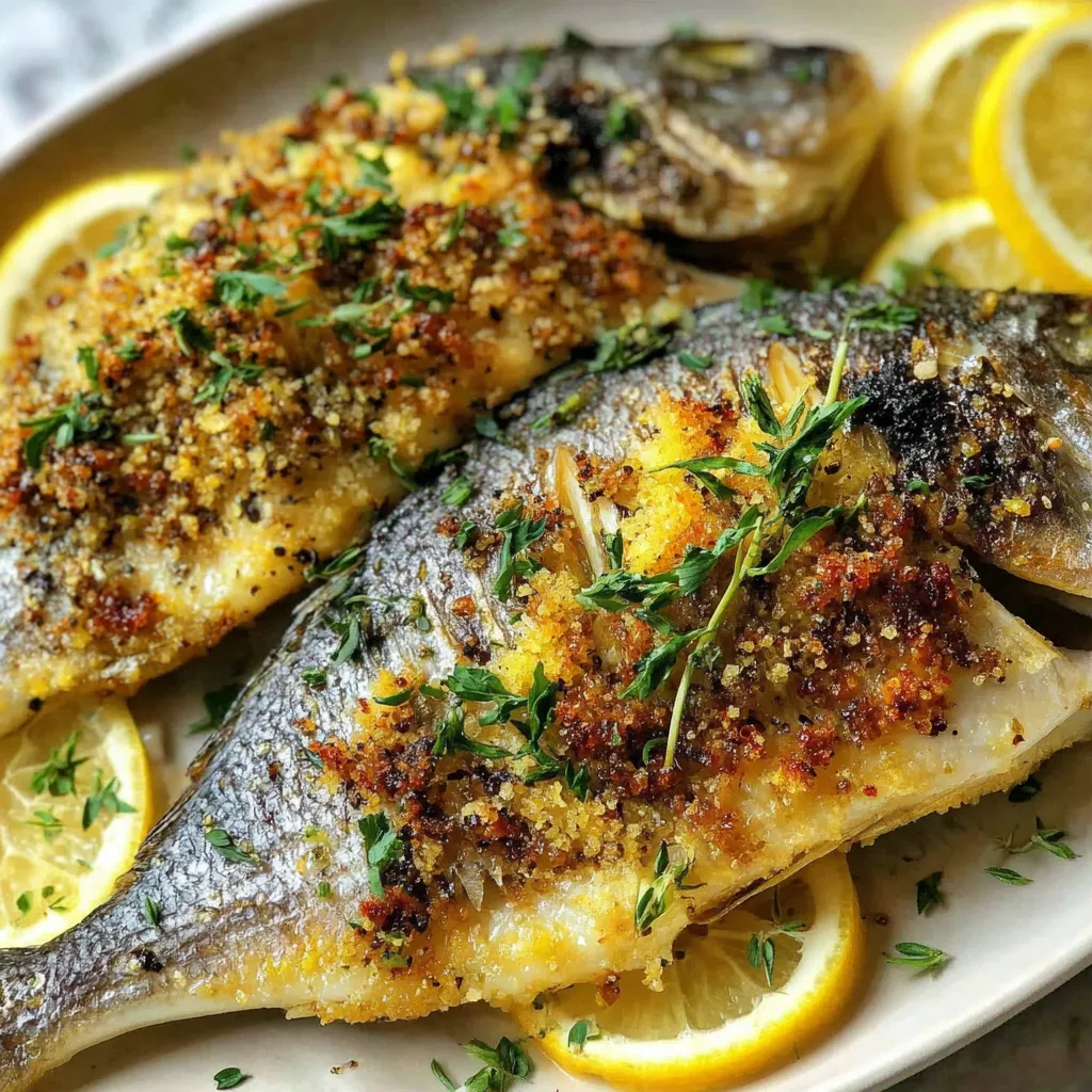 A crispy dorade with lemon pepper crust on a plate.