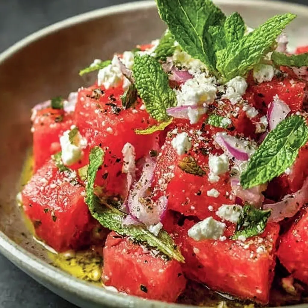 A big, tasty bowl featuring juicy watermelon chunks, feta cheese, and vibrant mint—just right for summer weather.