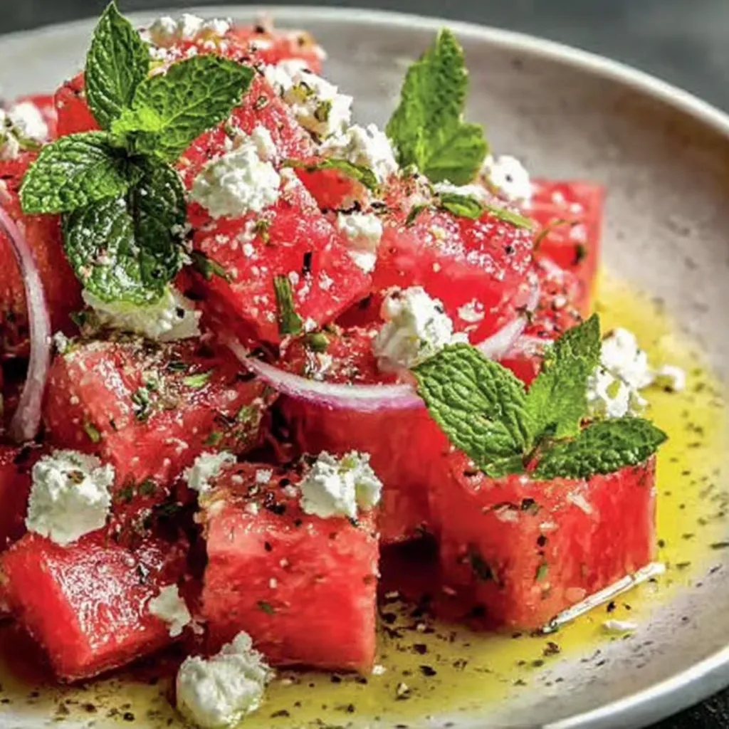 A striking photo showing a vibrant watermelon salad with feta and mint, perfect for summer.