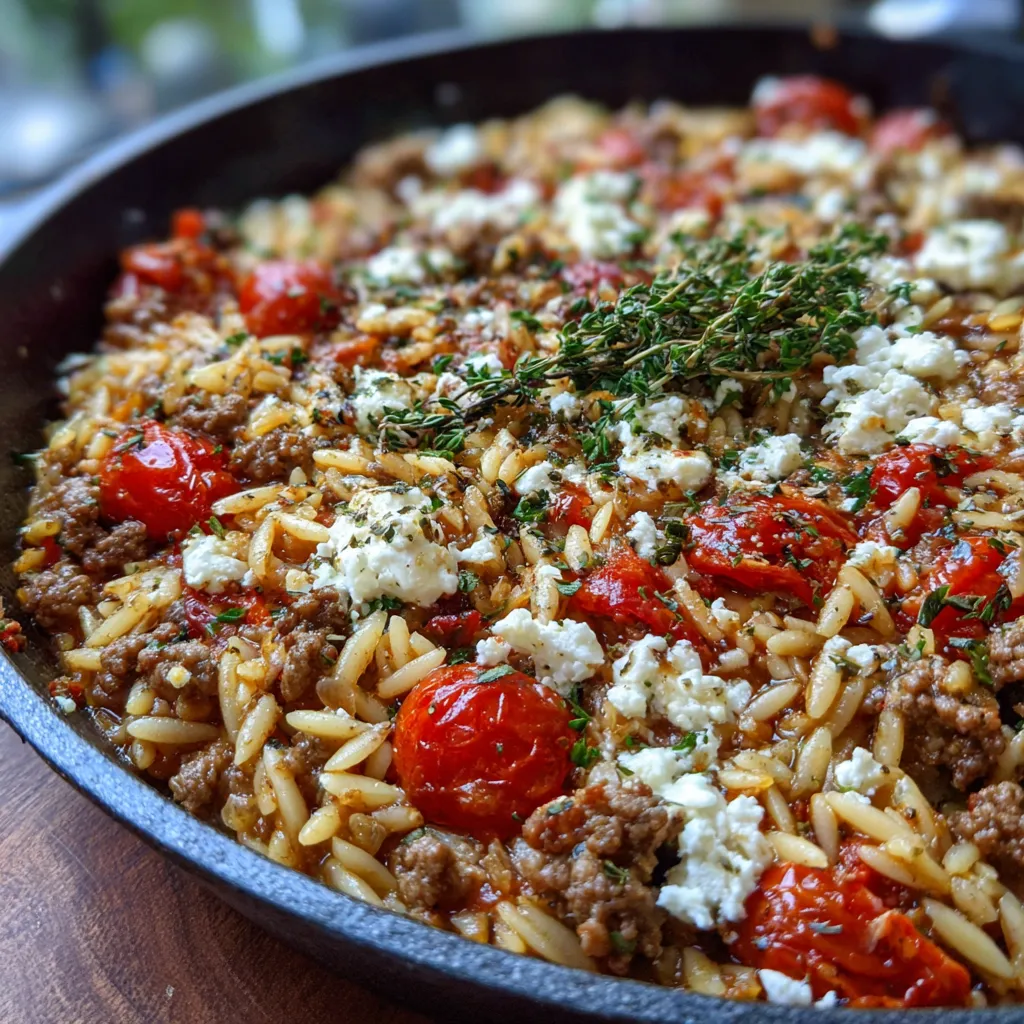A Greek-style beef and kritharaki pan, total summer mood, total comfort.