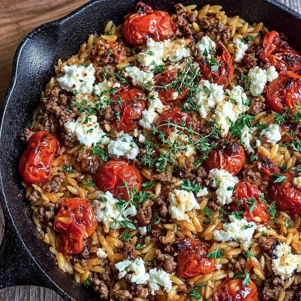 A Greek ground beef skillet with kritharaki noodles, classic vacation dish vibes.