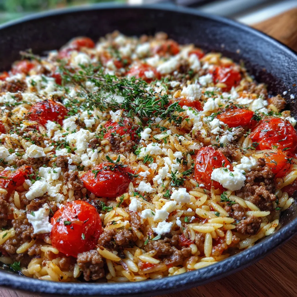 A Greek ground beef skillet with kritharaki noodles, classic vacation dish vibes.
