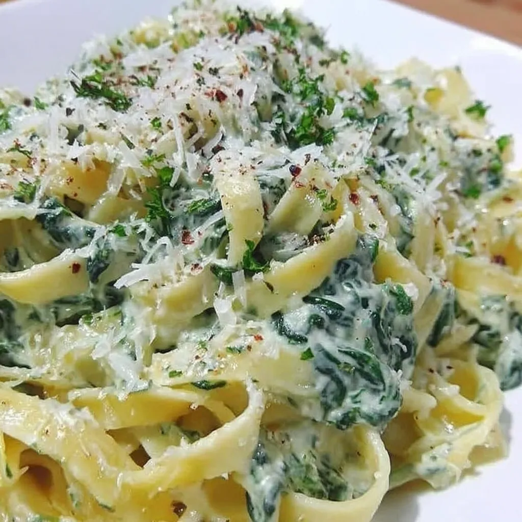 A plate topped with spinach pasta and creamy sauce.