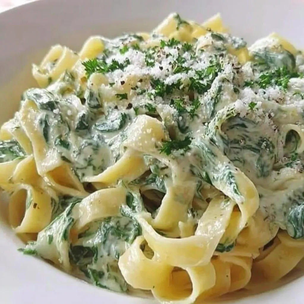 A white plate topped with pasta and spinach swimming in cheesy sauce.