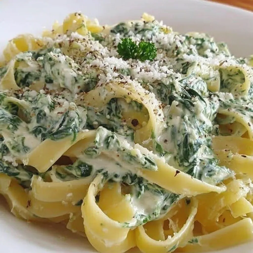 A platter showing pasta covered in a creamy cheese-spinach sauce.