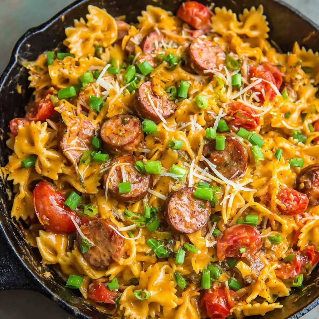 One Pan Cheesy Smoked Sausage Pasta Skillet