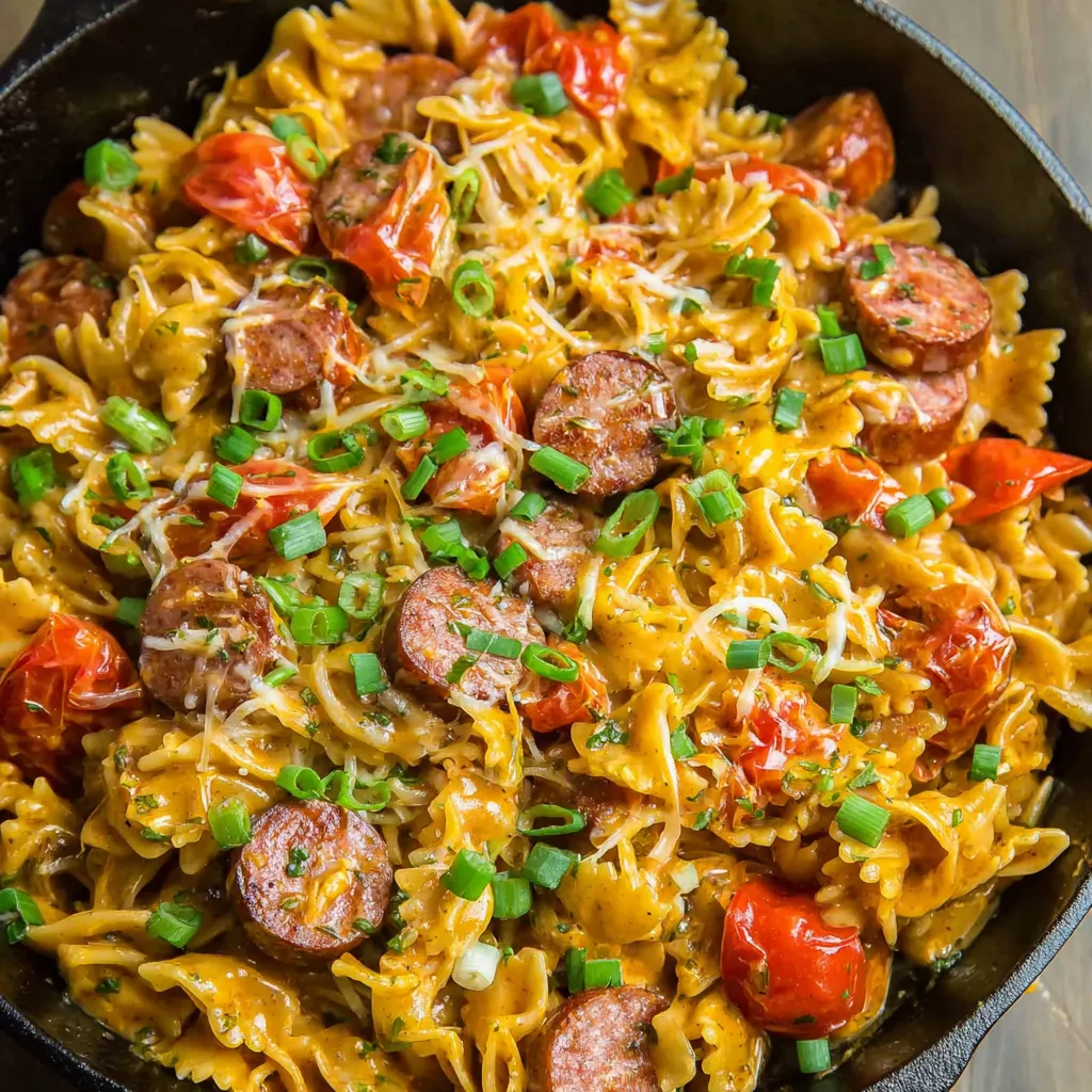 One Pan Cheesy Smoked Sausage Pasta Skillet